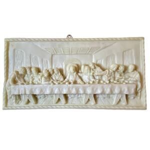 Vintage Last Supper Jesus Plaque Hand Carved Alabaster Sculpture Hanging 10x5